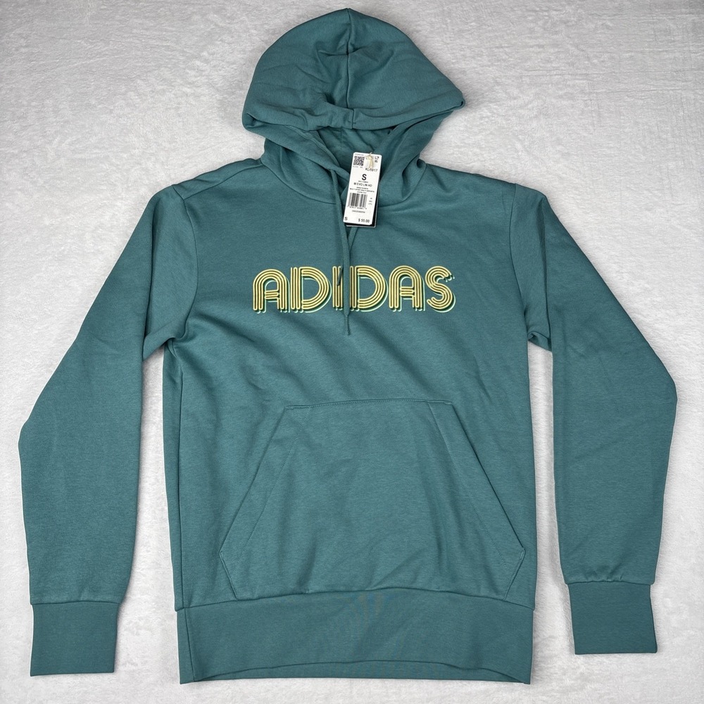 Adidas 3D Retro 70s Striped Logo Hoodie Mens Small Teal Disco Groovy NWT
